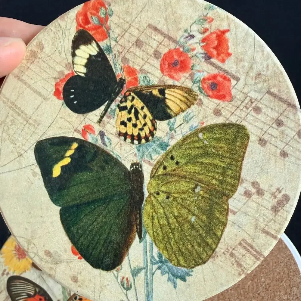 Set of 4 Round Stoneware Corked Backed‎ Butterfly Coasters Each One Unique